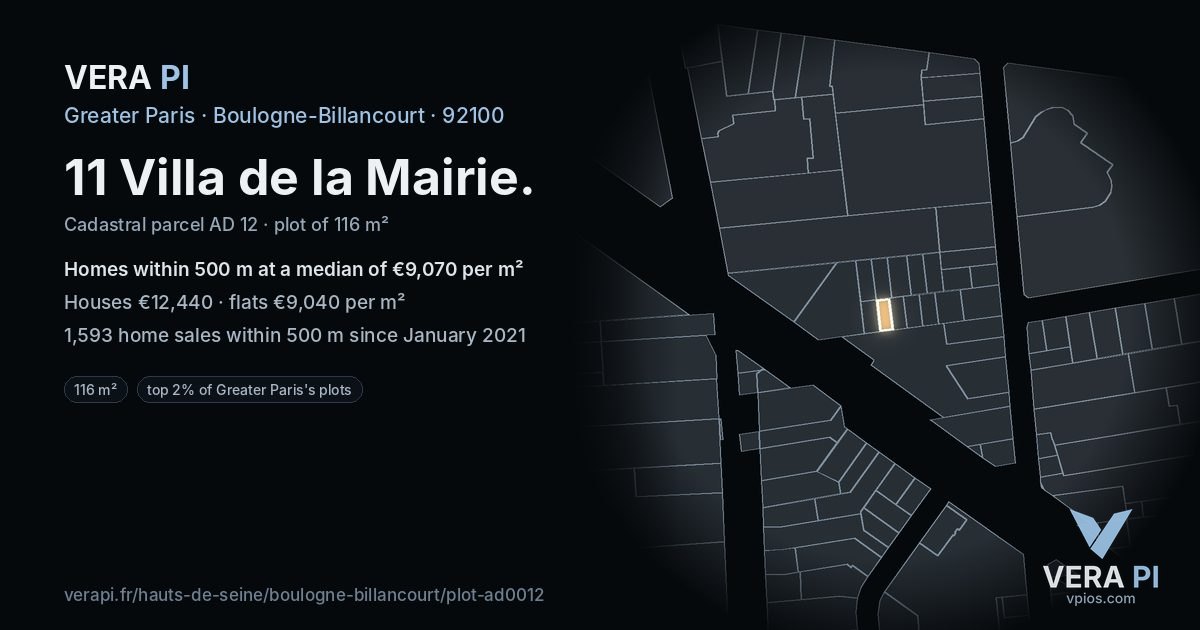 11 Villa de la Mairie, Boulogne-Billancourt at night – the plot lit, the parcels around coloured by the prices near them