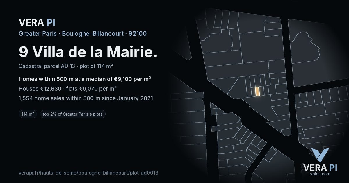 9 Villa de la Mairie, Boulogne-Billancourt at night – the plot lit, the parcels around coloured by the prices near them