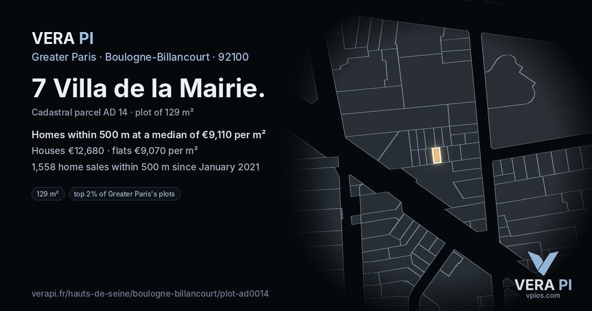 7 Villa de la Mairie, Boulogne-Billancourt at night – the plot lit, the parcels around coloured by the prices near them
