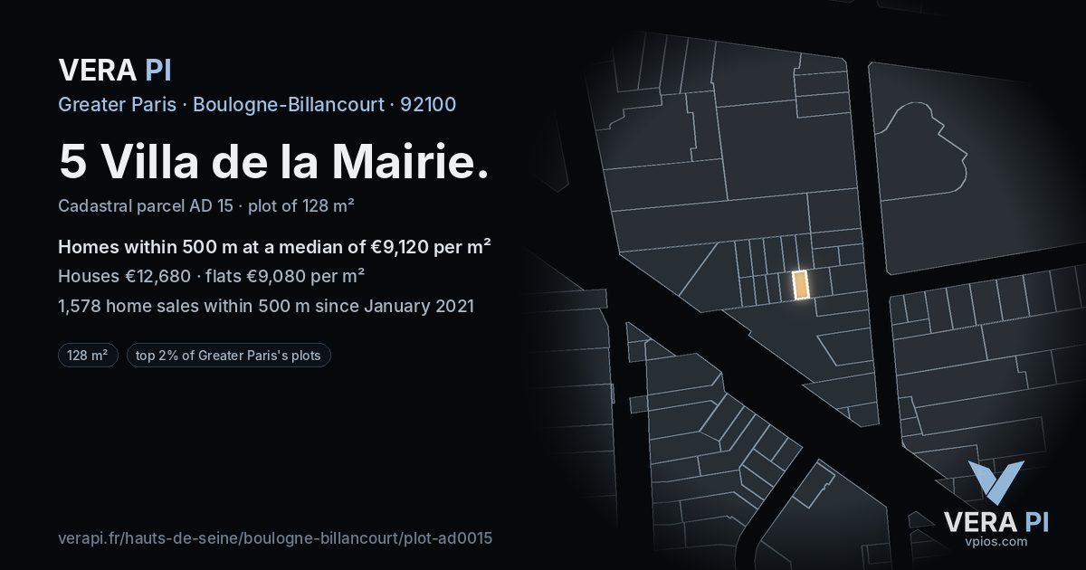 5 Villa de la Mairie, Boulogne-Billancourt at night – the plot lit, the parcels around coloured by the prices near them