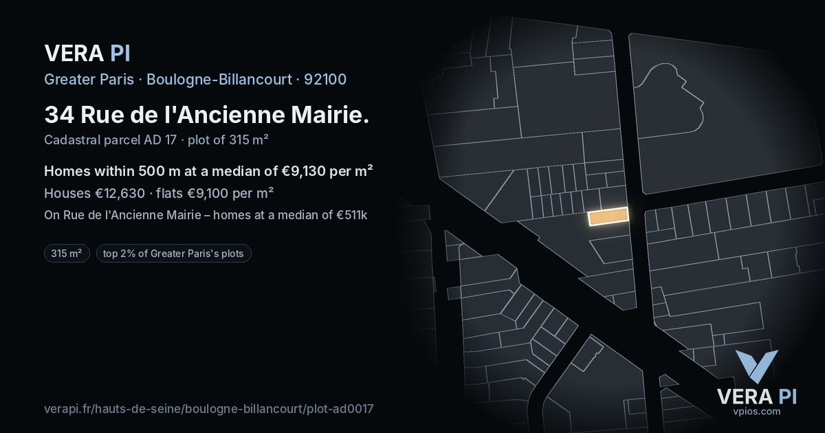 34 Rue de l'Ancienne Mairie, Boulogne-Billancourt at night – the plot lit, the parcels around coloured by the prices near them