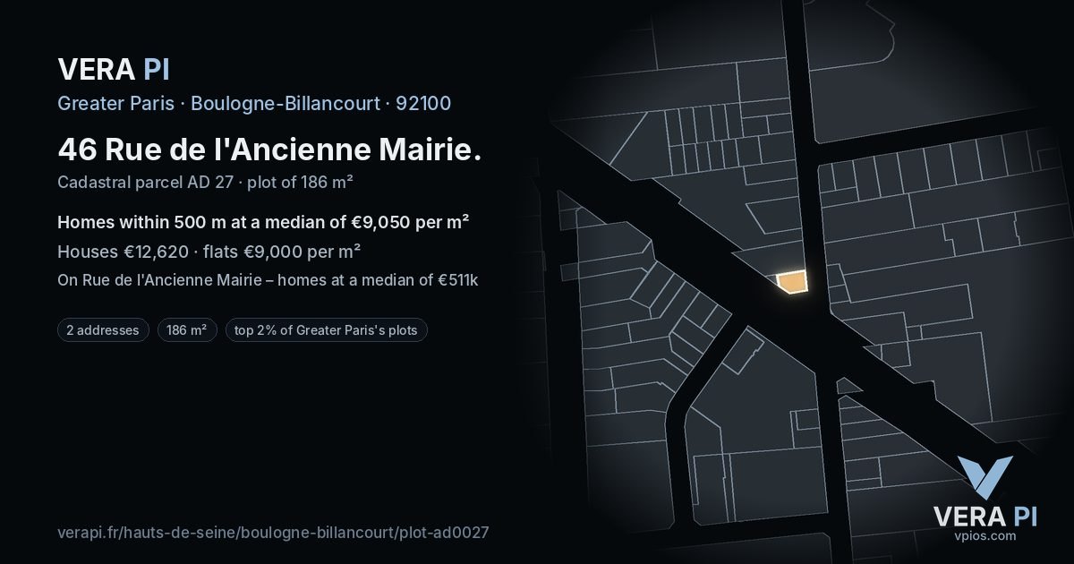 46 Rue de l'Ancienne Mairie, Boulogne-Billancourt at night – the plot lit, the parcels around coloured by the prices near them
