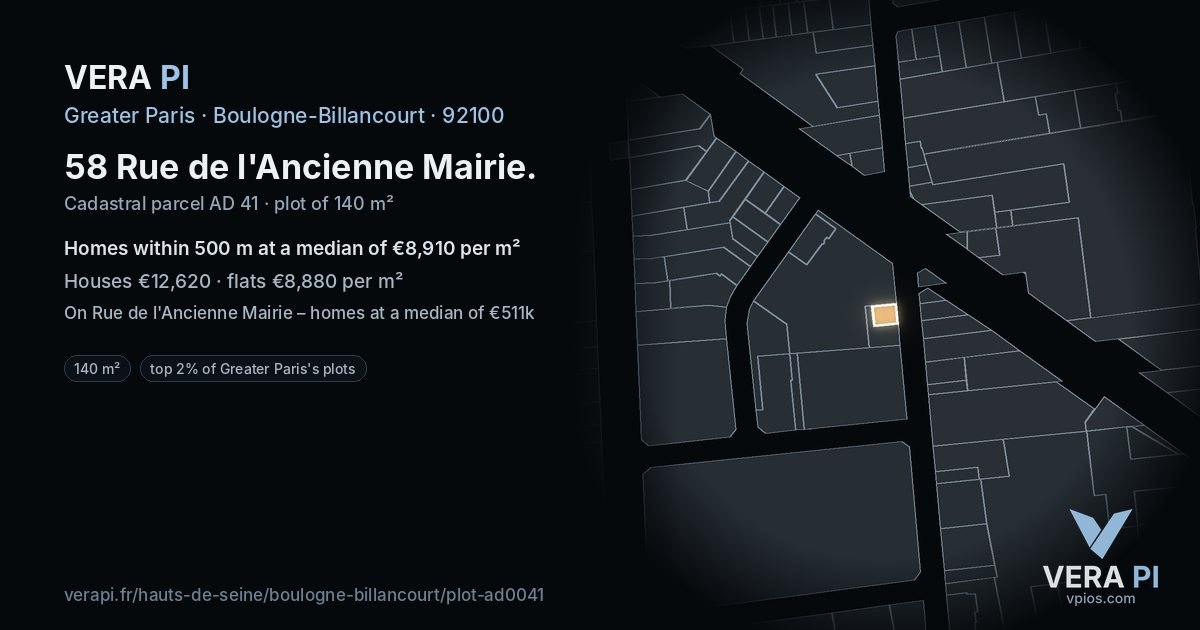 58 Rue de l'Ancienne Mairie, Boulogne-Billancourt at night – the plot lit, the parcels around coloured by the prices near them