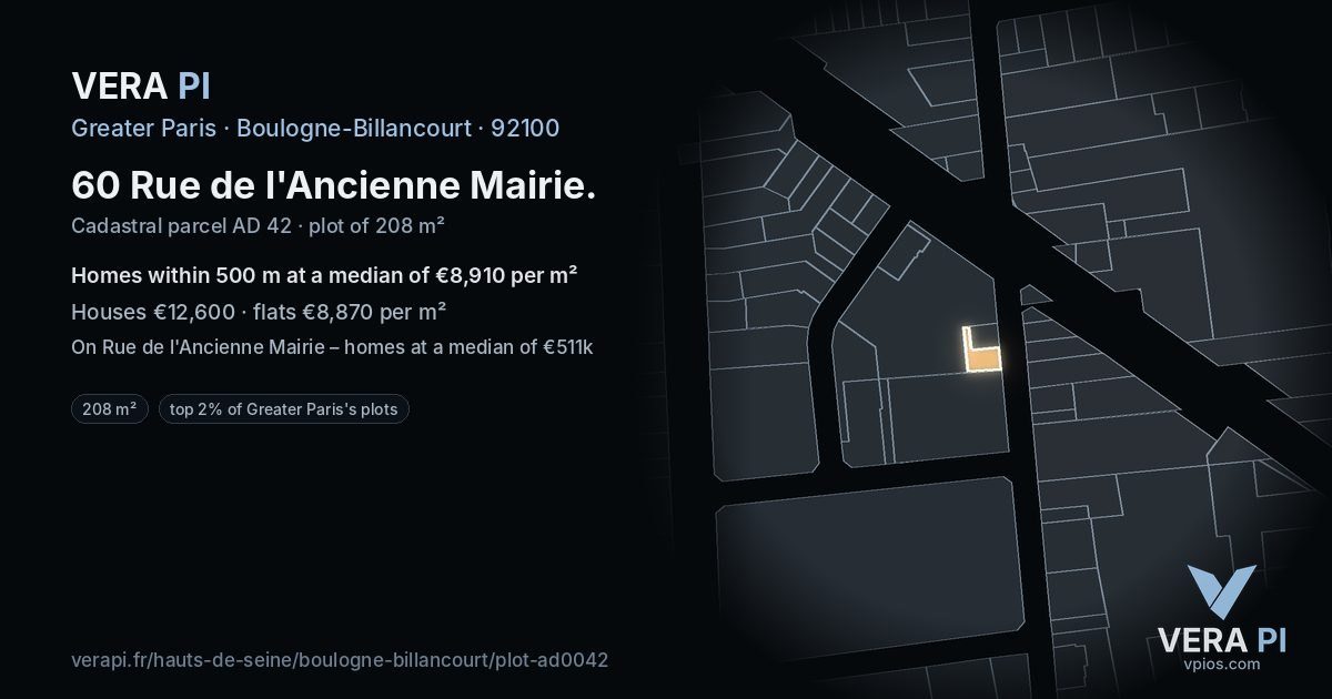 60 Rue de l'Ancienne Mairie, Boulogne-Billancourt at night – the plot lit, the parcels around coloured by the prices near them