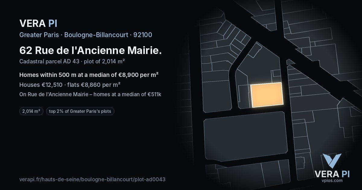 62 Rue de l'Ancienne Mairie, Boulogne-Billancourt at night – the plot lit, the parcels around coloured by the prices near them
