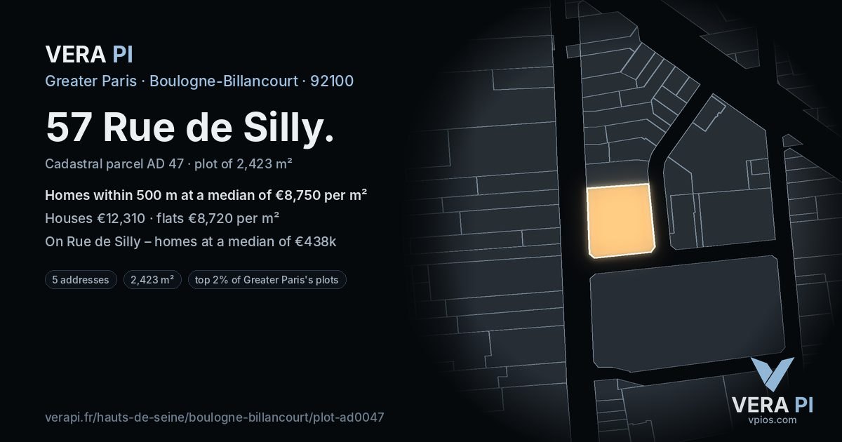 57 Rue de Silly, Boulogne-Billancourt at night – the plot lit, the parcels around coloured by the prices near them
