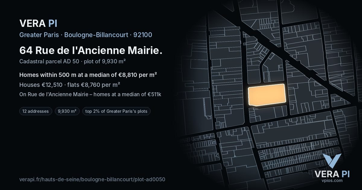 64 Rue de l'Ancienne Mairie, Boulogne-Billancourt at night – the plot lit, the parcels around coloured by the prices near them