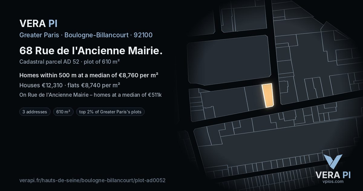 68 Rue de l'Ancienne Mairie, Boulogne-Billancourt at night – the plot lit, the parcels around coloured by the prices near them
