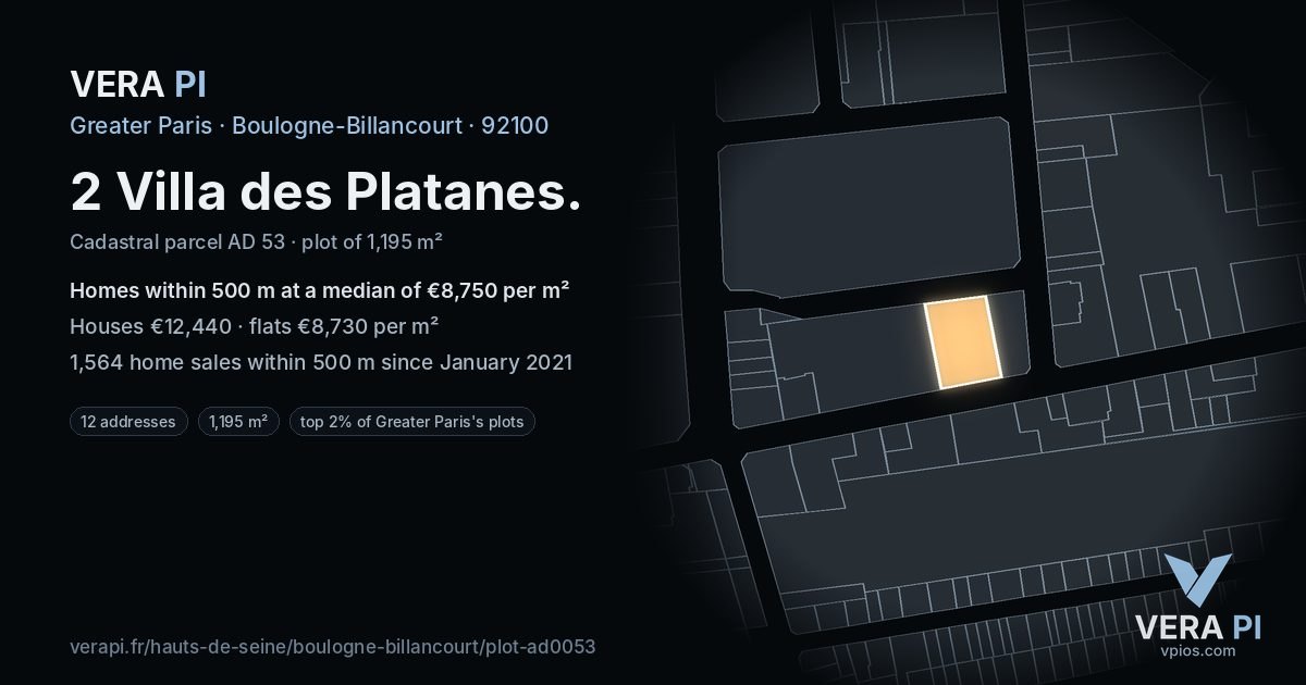 2 Villa des Platanes, Boulogne-Billancourt at night – the plot lit, the parcels around coloured by the prices near them