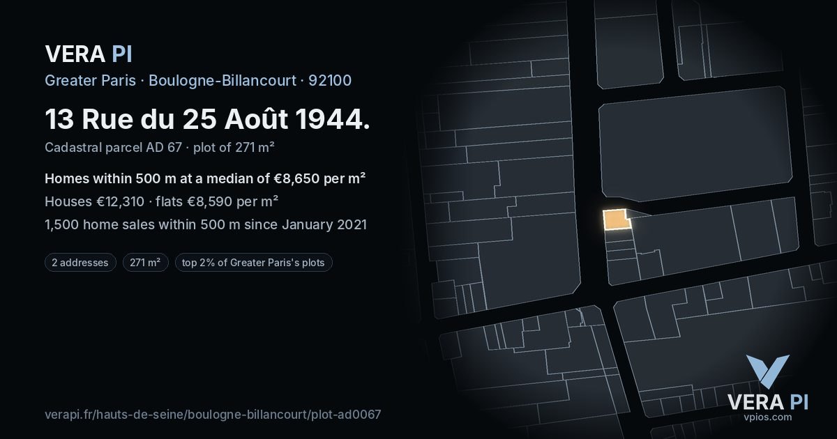 13 Rue du 25 Août 1944, Boulogne-Billancourt at night – the plot lit, the parcels around coloured by the prices near them