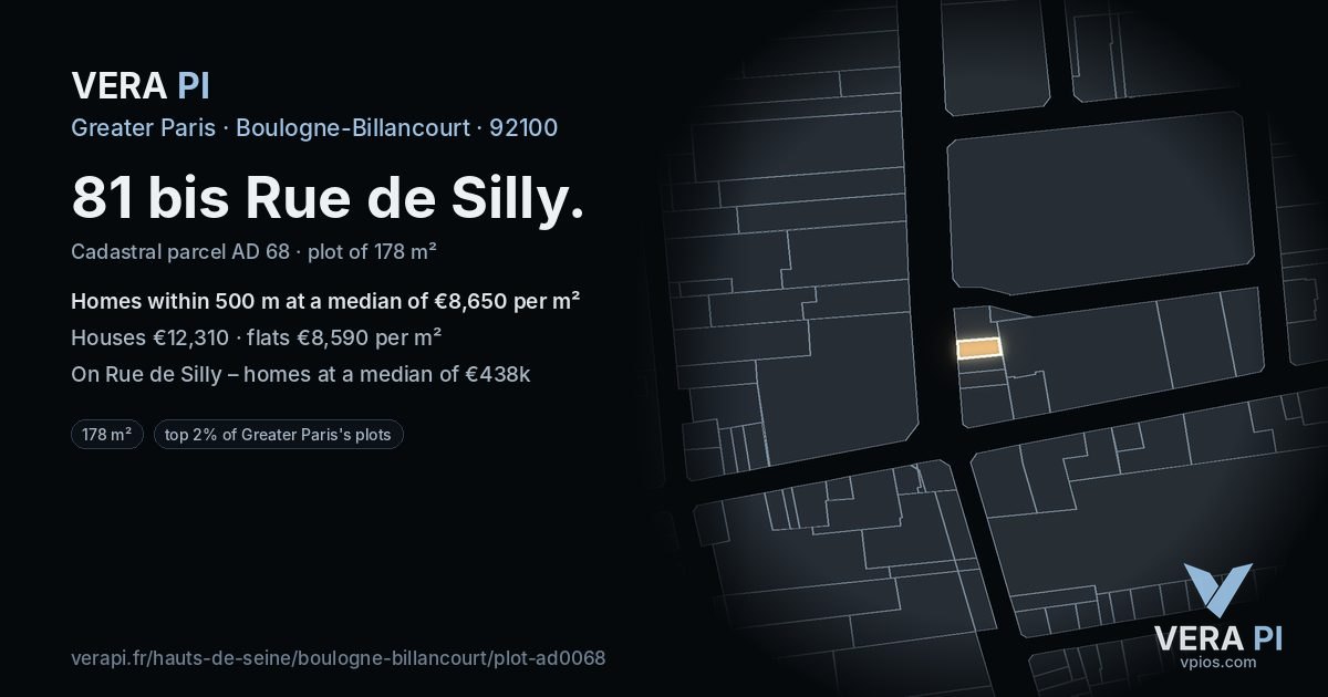 81 bis Rue de Silly, Boulogne-Billancourt at night – the plot lit, the parcels around coloured by the prices near them
