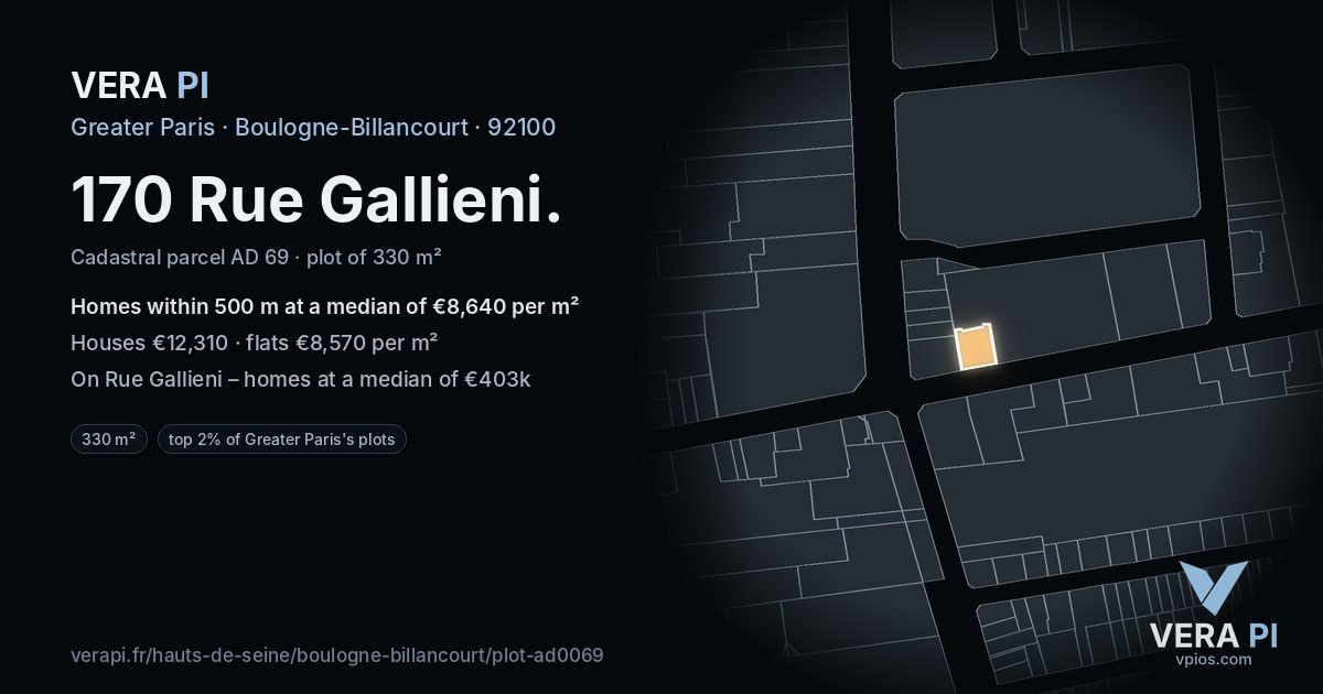 170 Rue Gallieni, Boulogne-Billancourt at night – the plot lit, the parcels around coloured by the prices near them