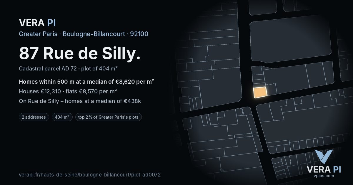 87 Rue de Silly, Boulogne-Billancourt at night – the plot lit, the parcels around coloured by the prices near them