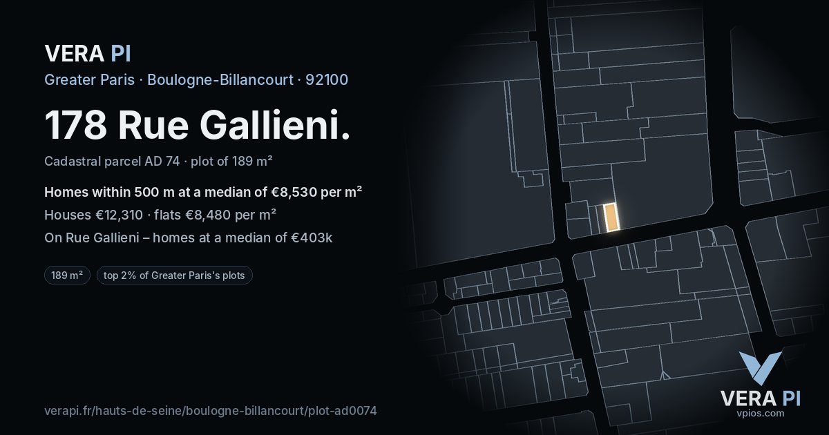 178 Rue Gallieni, Boulogne-Billancourt at night – the plot lit, the parcels around coloured by the prices near them