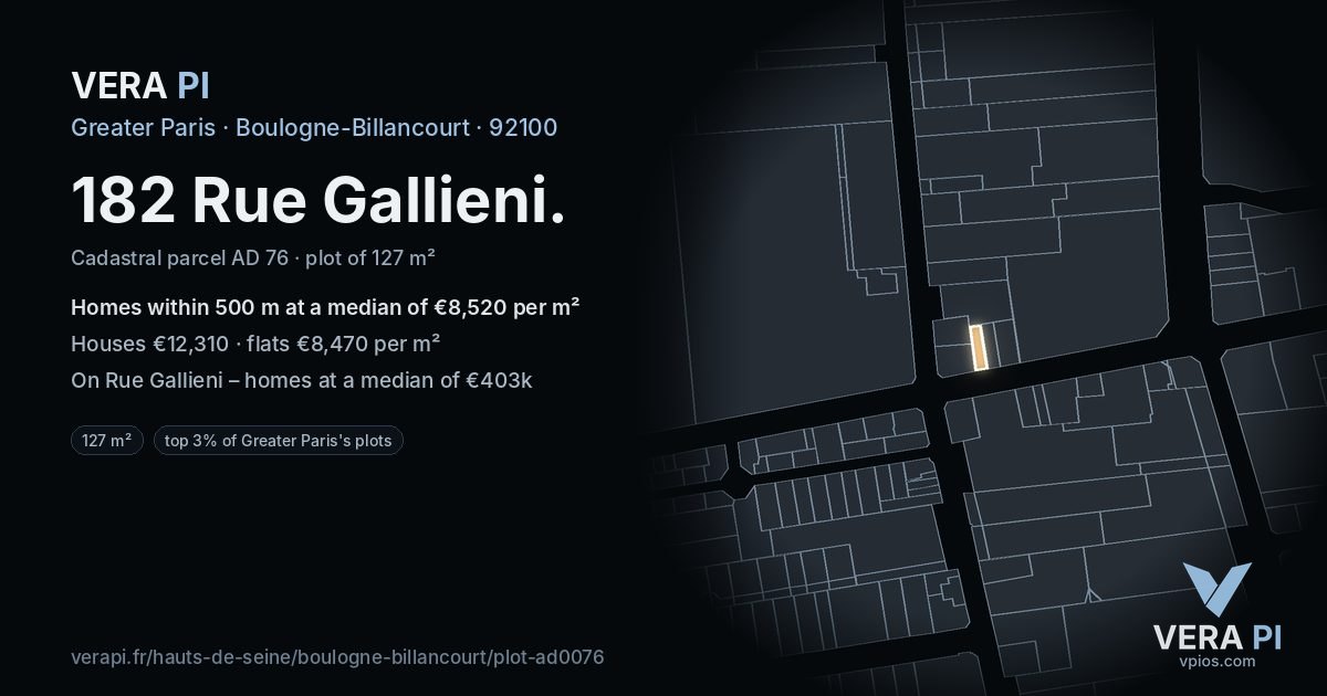 182 Rue Gallieni, Boulogne-Billancourt at night – the plot lit, the parcels around coloured by the prices near them