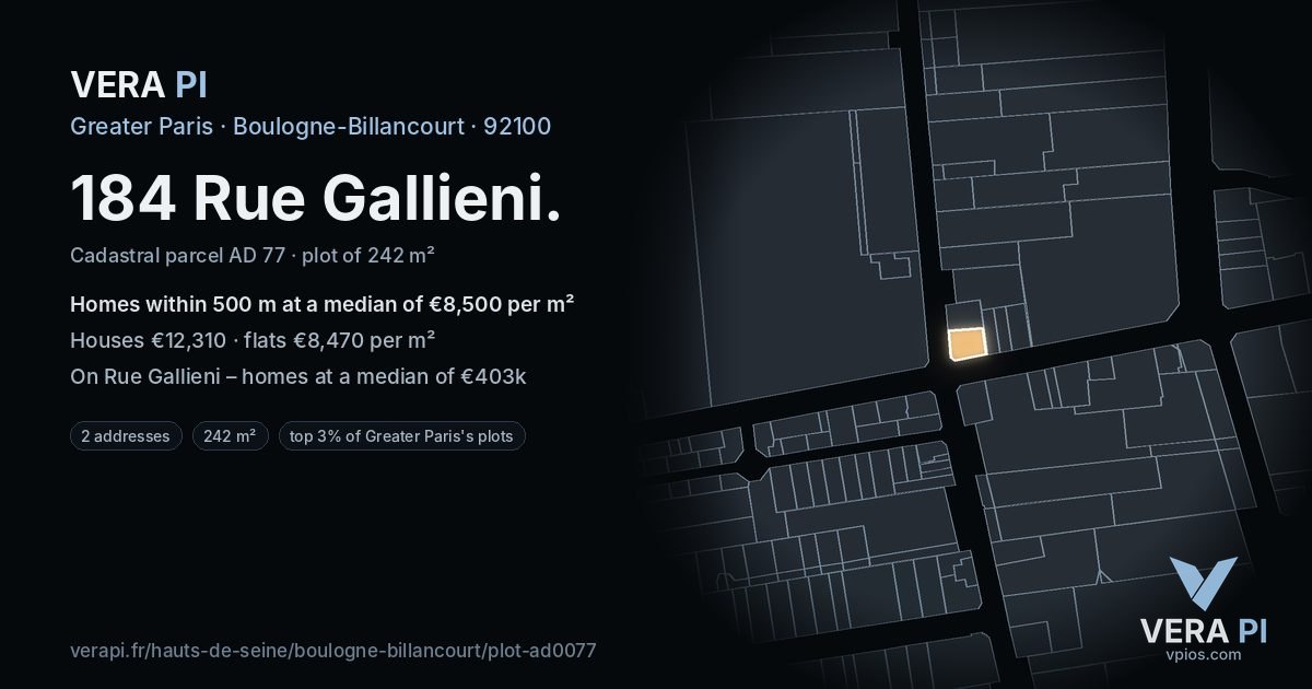 184 Rue Gallieni, Boulogne-Billancourt at night – the plot lit, the parcels around coloured by the prices near them