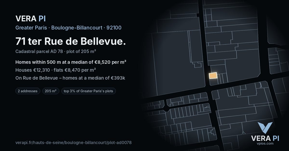 71 ter Rue de Bellevue, Boulogne-Billancourt at night – the plot lit, the parcels around coloured by the prices near them