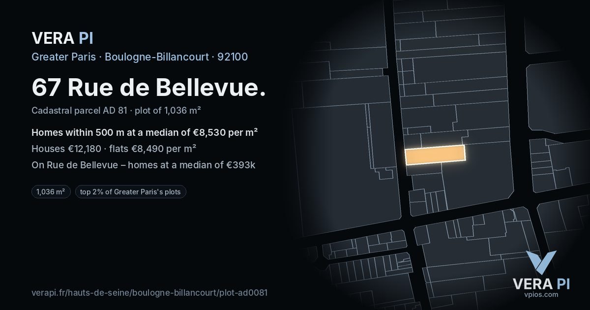 67 Rue de Bellevue, Boulogne-Billancourt at night – the plot lit, the parcels around coloured by the prices near them