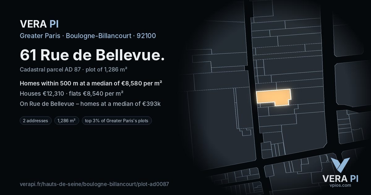 61 Rue de Bellevue, Boulogne-Billancourt at night – the plot lit, the parcels around coloured by the prices near them