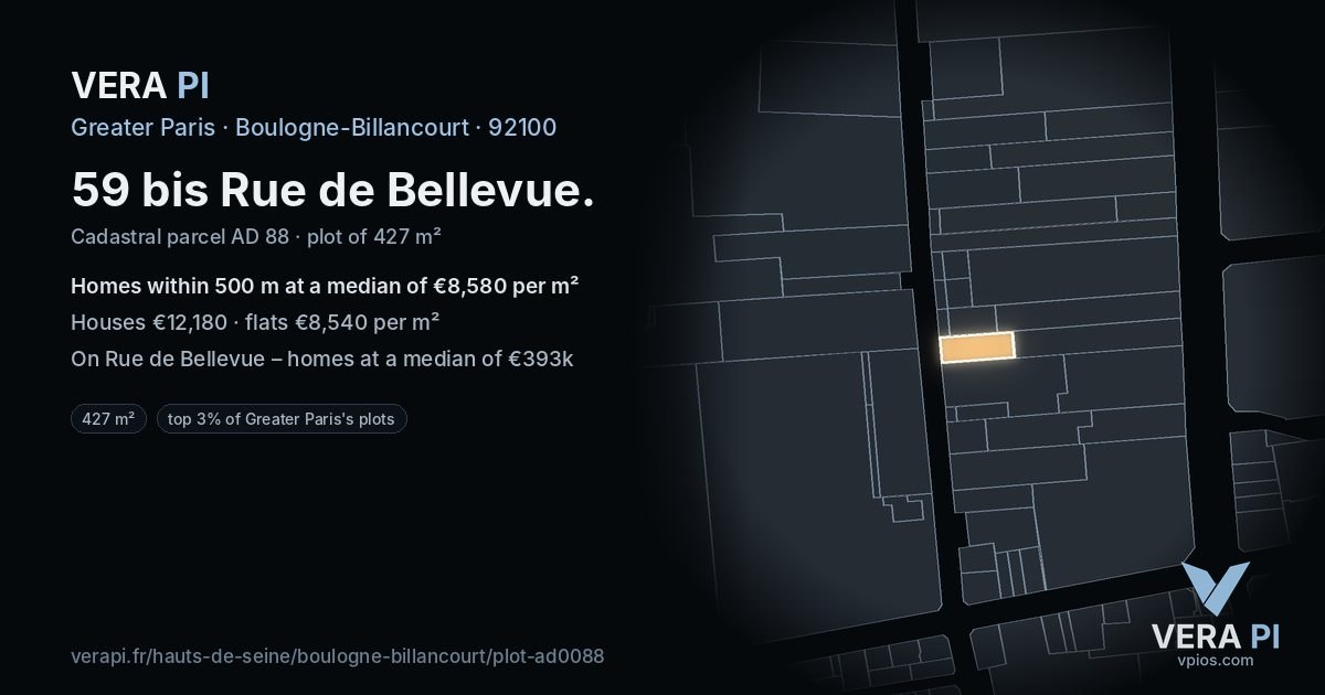 59 bis Rue de Bellevue, Boulogne-Billancourt at night – the plot lit, the parcels around coloured by the prices near them
