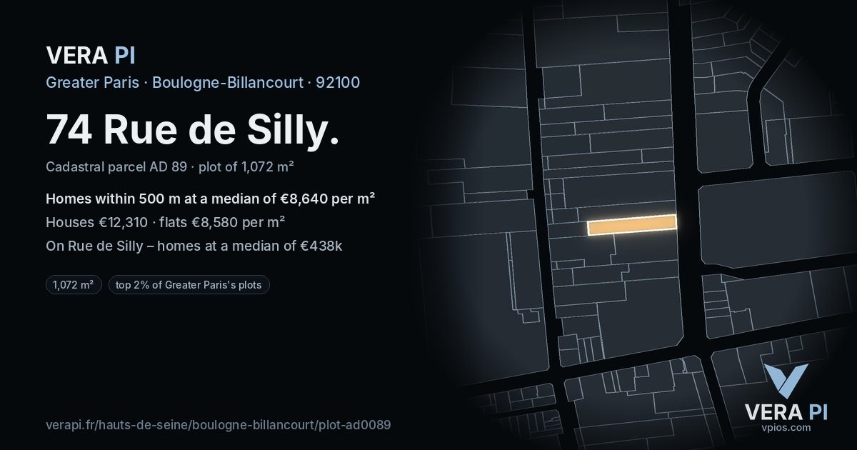 74 Rue de Silly, Boulogne-Billancourt at night – the plot lit, the parcels around coloured by the prices near them
