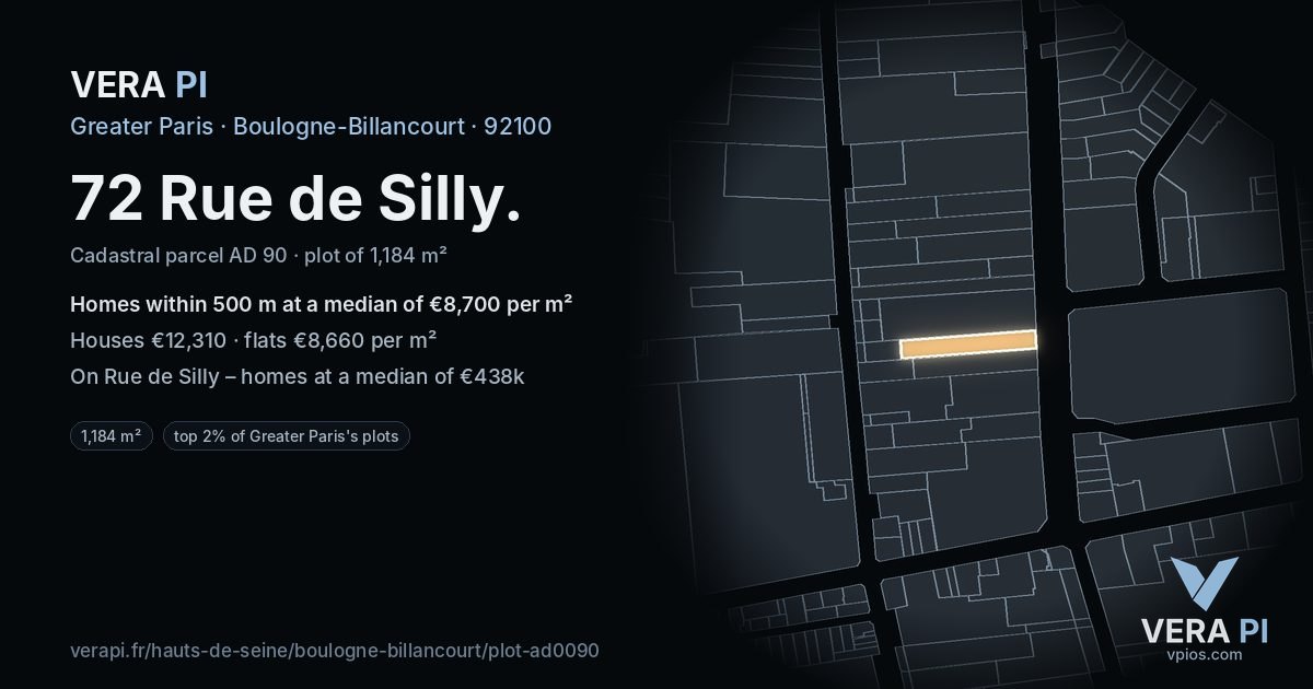 72 Rue de Silly, Boulogne-Billancourt at night – the plot lit, the parcels around coloured by the prices near them