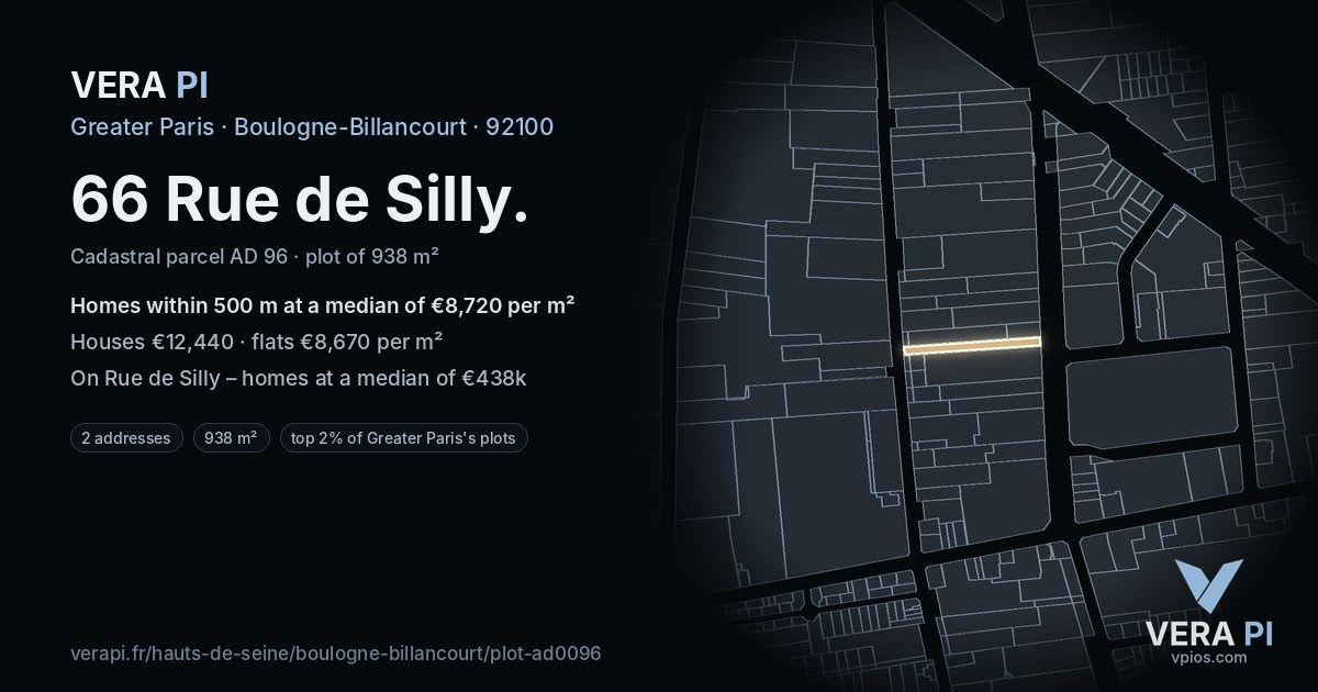 66 Rue de Silly, Boulogne-Billancourt at night – the plot lit, the parcels around coloured by the prices near them