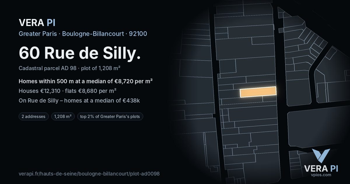 60 Rue de Silly, Boulogne-Billancourt at night – the plot lit, the parcels around coloured by the prices near them