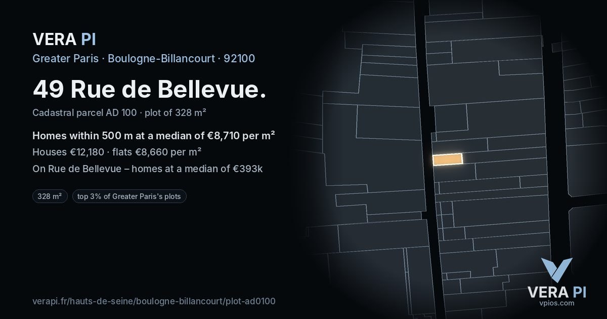 49 Rue de Bellevue, Boulogne-Billancourt at night – the plot lit, the parcels around coloured by the prices near them