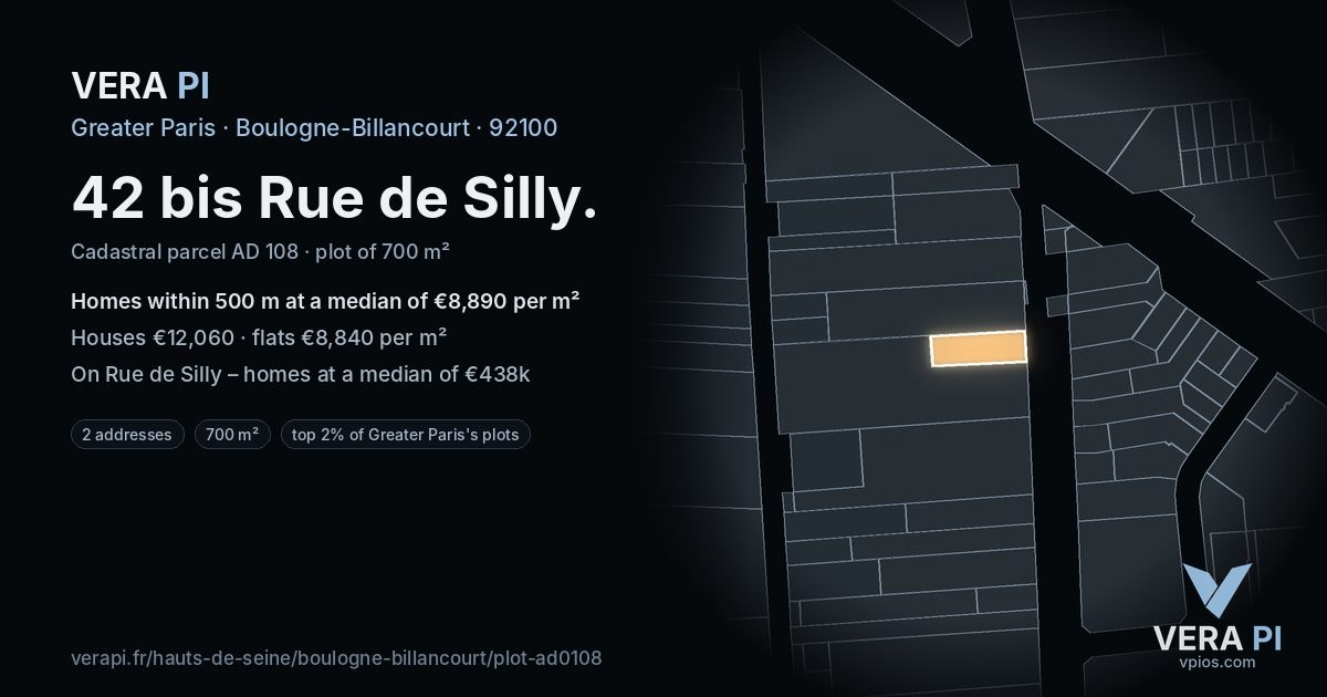 42 bis Rue de Silly, Boulogne-Billancourt at night – the plot lit, the parcels around coloured by the prices near them