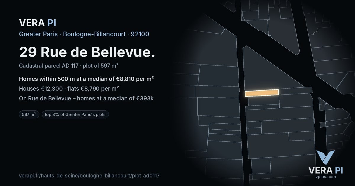 29 Rue de Bellevue, Boulogne-Billancourt at night – the plot lit, the parcels around coloured by the prices near them