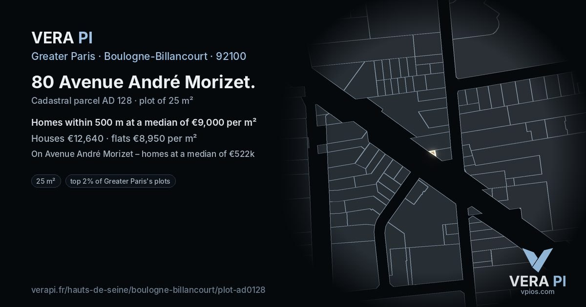 80 Avenue André Morizet, Boulogne-Billancourt at night – the plot lit, the parcels around coloured by the prices near them