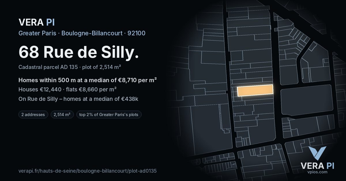 68 Rue de Silly, Boulogne-Billancourt at night – the plot lit, the parcels around coloured by the prices near them