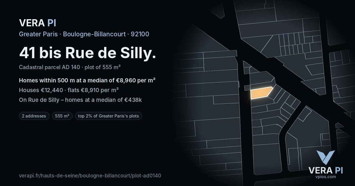 41 bis Rue de Silly, Boulogne-Billancourt at night – the plot lit, the parcels around coloured by the prices near them
