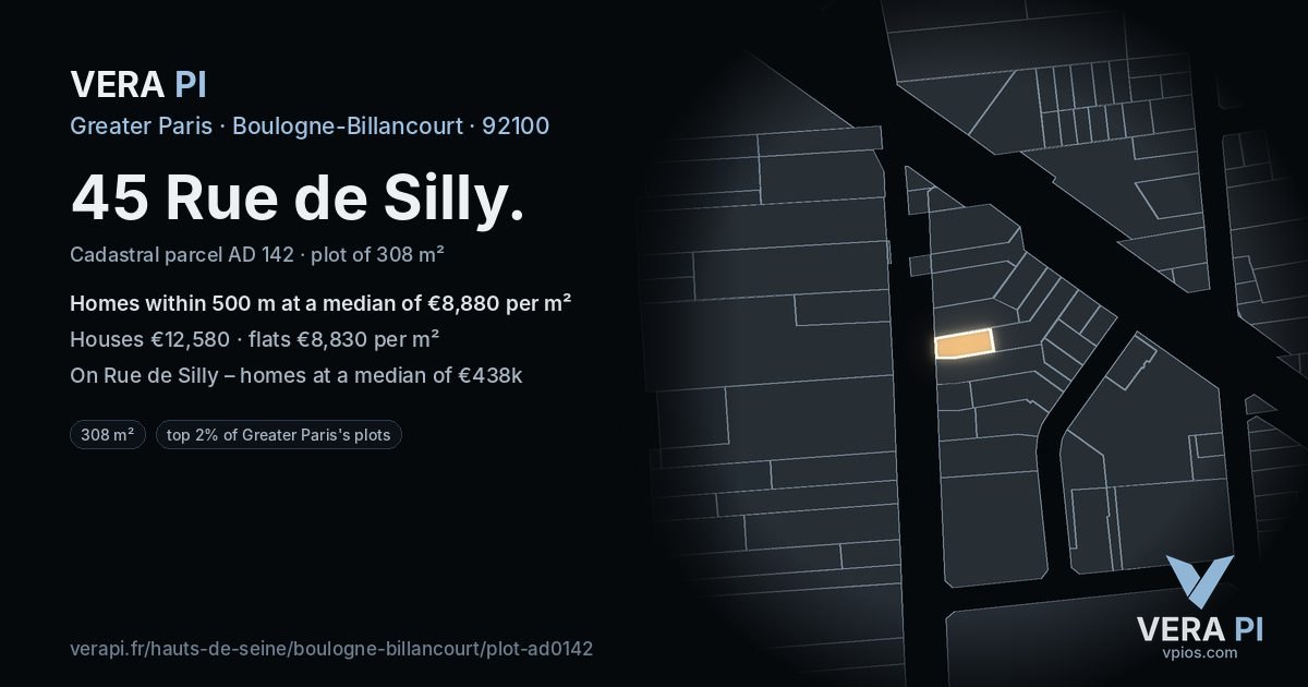 45 Rue de Silly, Boulogne-Billancourt at night – the plot lit, the parcels around coloured by the prices near them