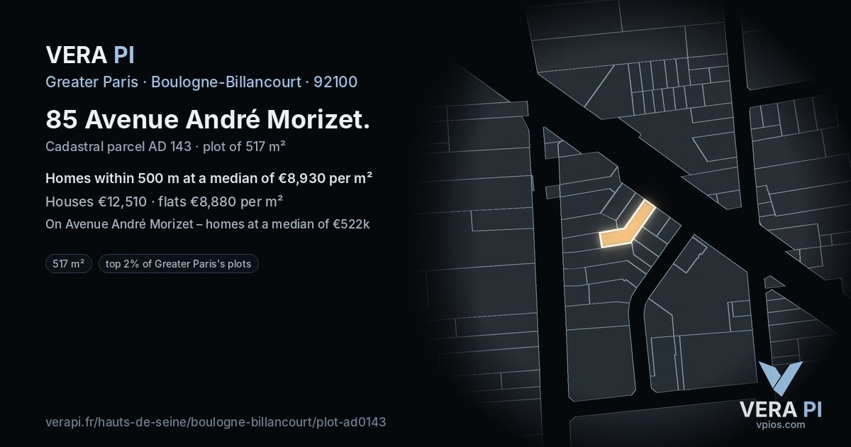 85 Avenue André Morizet, Boulogne-Billancourt at night – the plot lit, the parcels around coloured by the prices near them