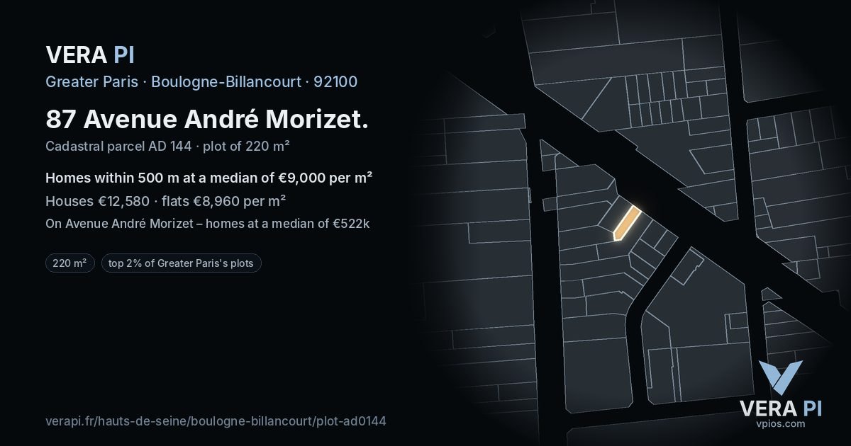 87 Avenue André Morizet, Boulogne-Billancourt at night – the plot lit, the parcels around coloured by the prices near them