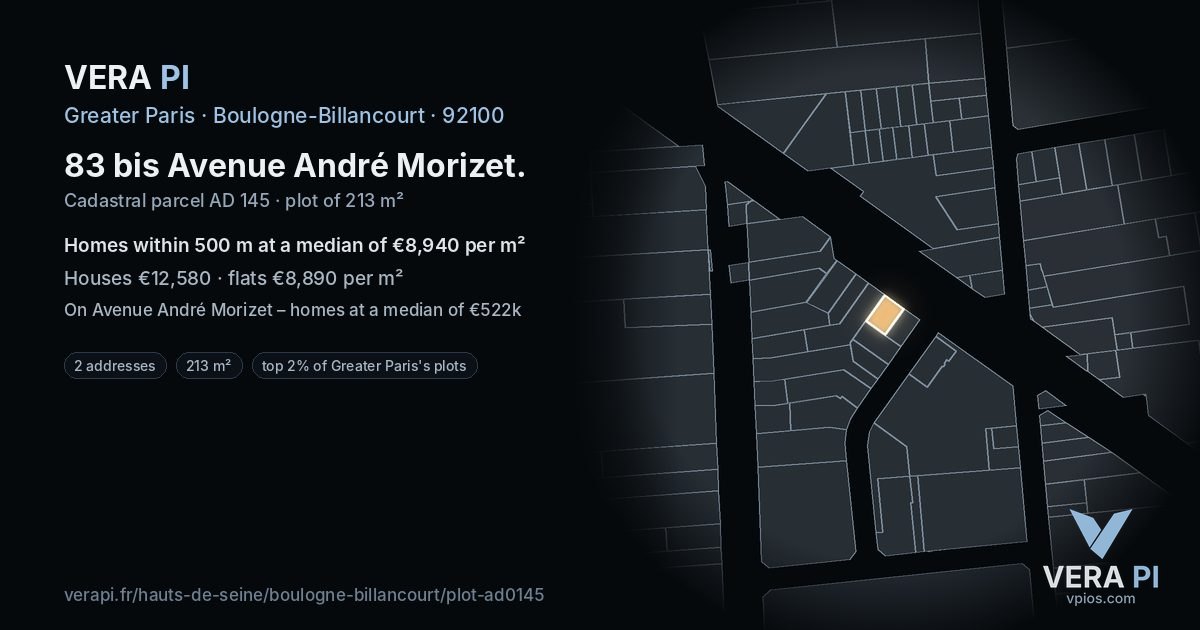 83 bis Avenue André Morizet, Boulogne-Billancourt at night – the plot lit, the parcels around coloured by the prices near them