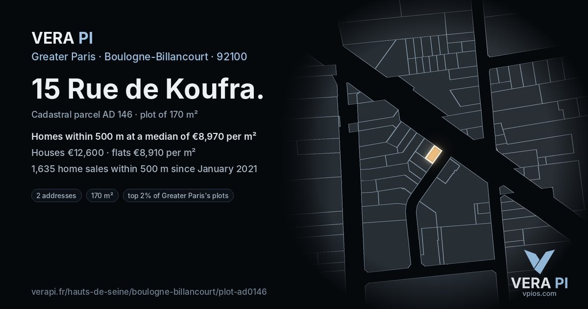 15 Rue de Koufra, Boulogne-Billancourt at night – the plot lit, the parcels around coloured by the prices near them