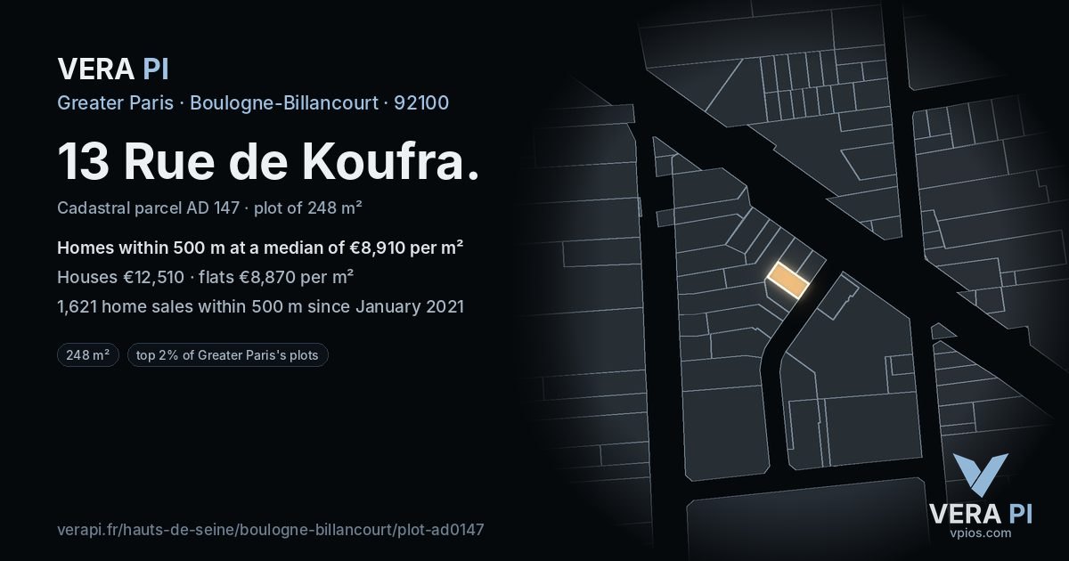 13 Rue de Koufra, Boulogne-Billancourt at night – the plot lit, the parcels around coloured by the prices near them