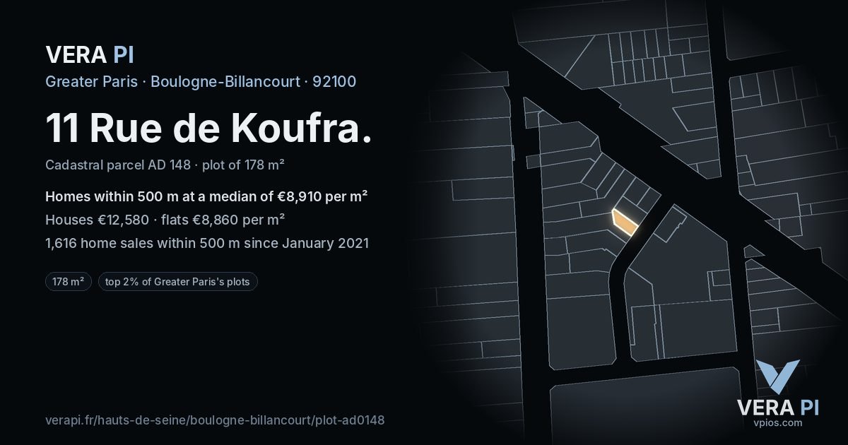 11 Rue de Koufra, Boulogne-Billancourt at night – the plot lit, the parcels around coloured by the prices near them