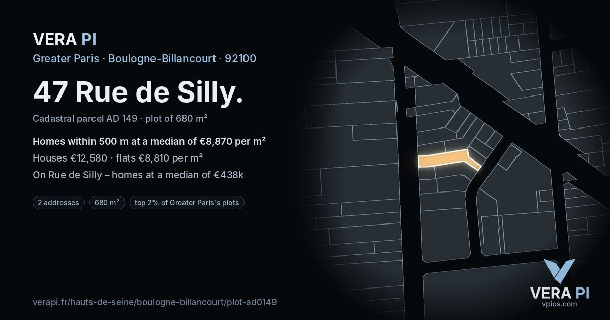 47 Rue de Silly, Boulogne-Billancourt at night – the plot lit, the parcels around coloured by the prices near them