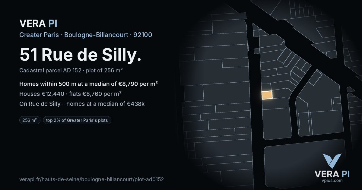 51 Rue de Silly, Boulogne-Billancourt at night – the plot lit, the parcels around coloured by the prices near them