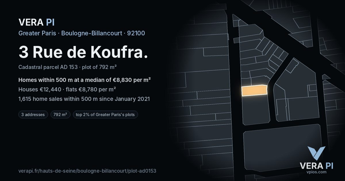 3 Rue de Koufra, Boulogne-Billancourt at night – the plot lit, the parcels around coloured by the prices near them