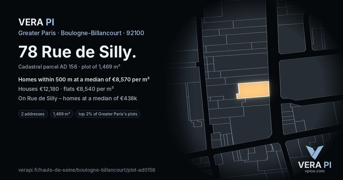 78 Rue de Silly, Boulogne-Billancourt at night – the plot lit, the parcels around coloured by the prices near them