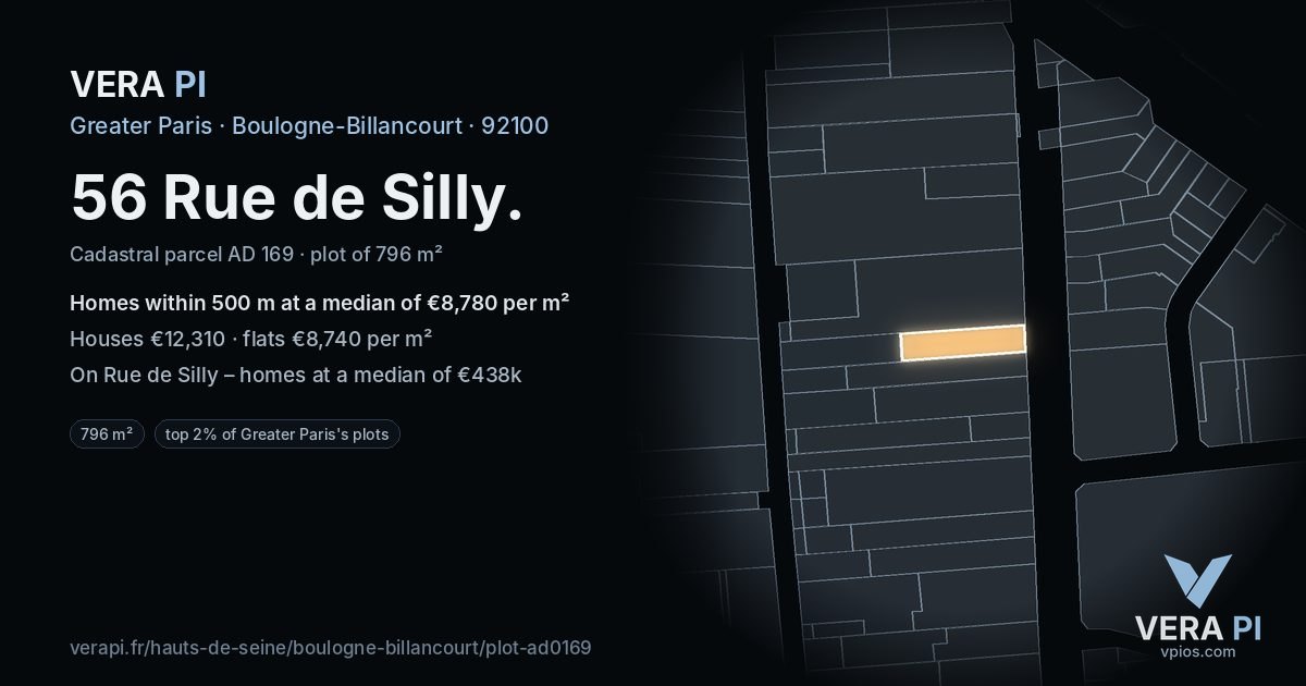 56 Rue de Silly, Boulogne-Billancourt at night – the plot lit, the parcels around coloured by the prices near them