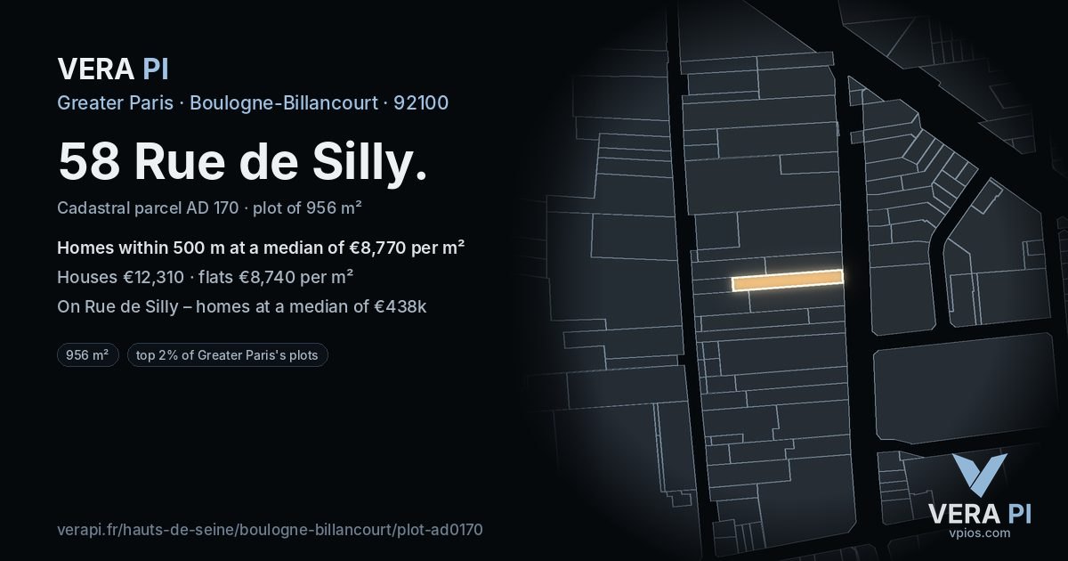 58 Rue de Silly, Boulogne-Billancourt at night – the plot lit, the parcels around coloured by the prices near them