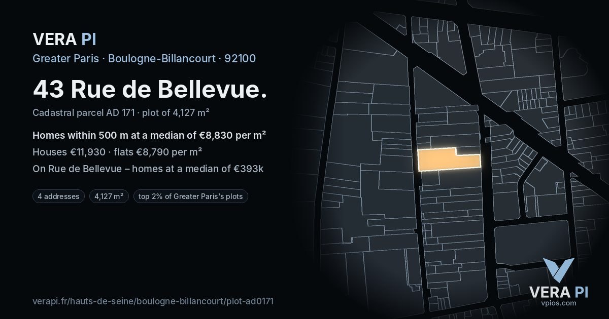 43 Rue de Bellevue, Boulogne-Billancourt at night – the plot lit, the parcels around coloured by the prices near them