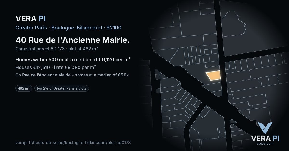 40 Rue de l'Ancienne Mairie, Boulogne-Billancourt at night – the plot lit, the parcels around coloured by the prices near them