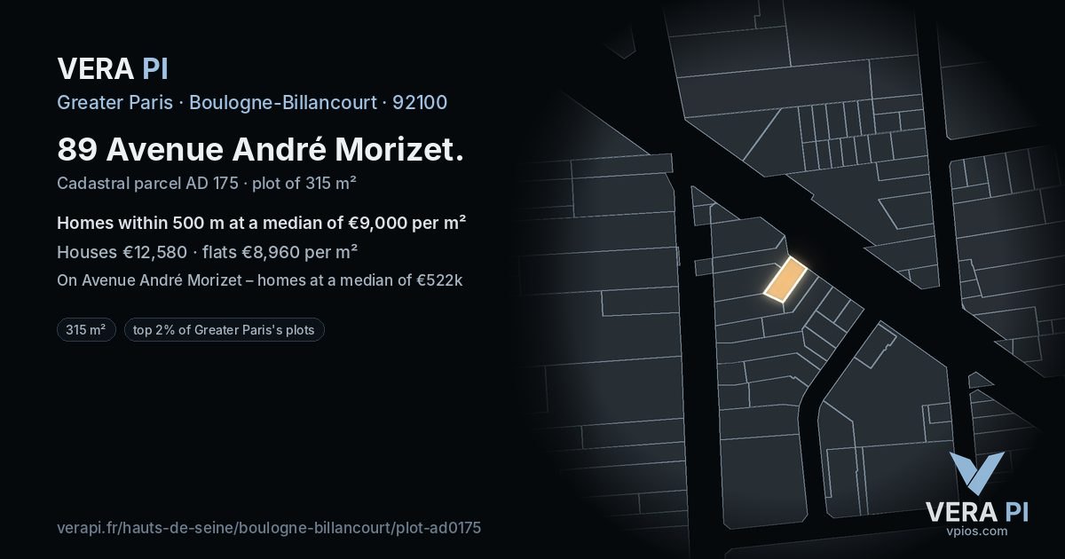 89 Avenue André Morizet, Boulogne-Billancourt at night – the plot lit, the parcels around coloured by the prices near them